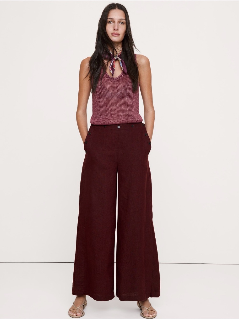 NWT Banana Republic High Rise Wide Leg Pull On Linen Sailor Burgandy Pant Sz M/T